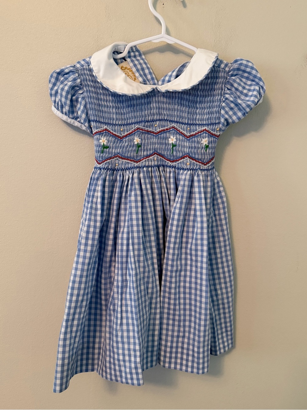 The Beaufort Bonnet Company Blue Gingham Smocked Flower Peter Pan Collar Dress